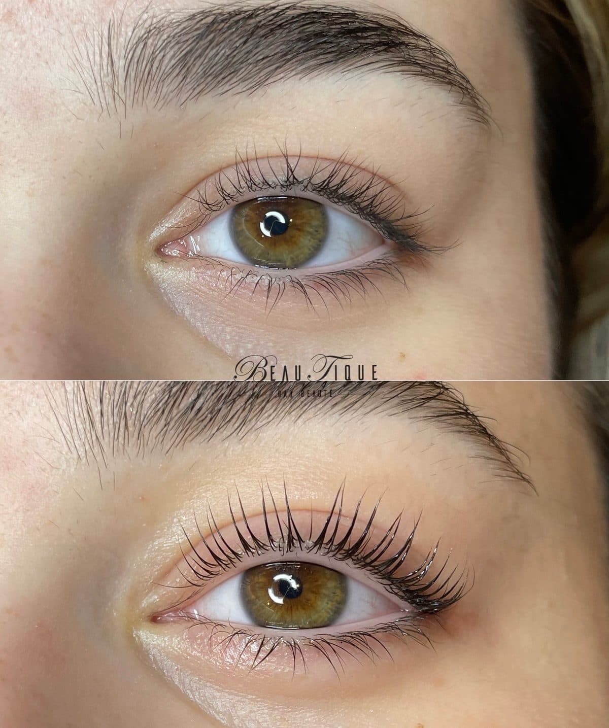 Lash lift sur cils naturels : avant, en haut, et après, en bas