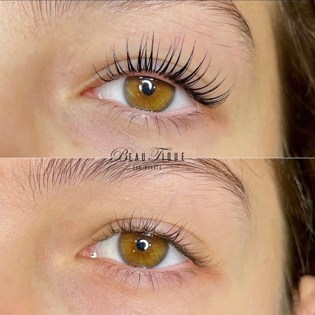 Lash lift sur cils naturels : après, en haut, et avant, en bas