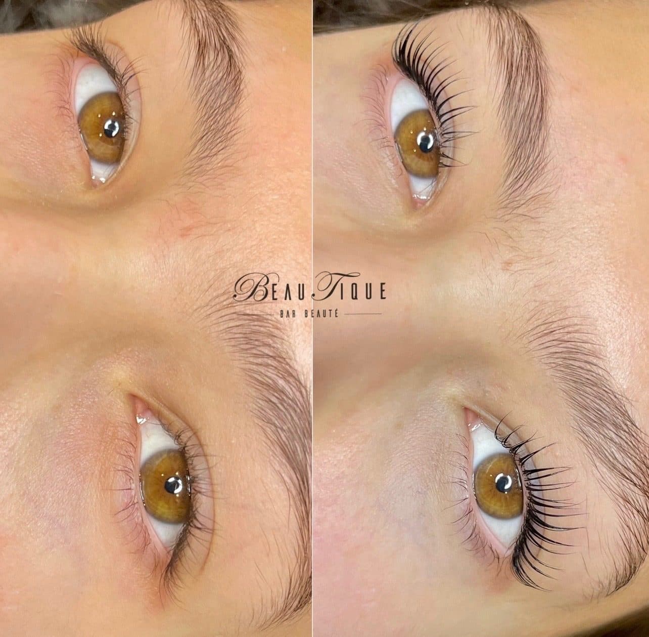 Lash lift sur les deux yeux : avant, à gauche, et après, à droite