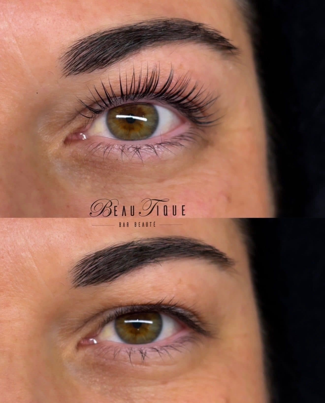 Lash lift sur cils naturels : après, en haut, et avant, en bas