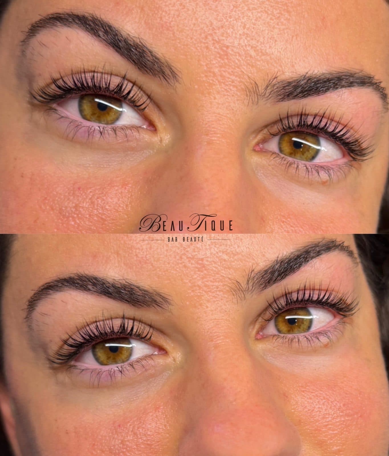 Lash lift sur les deux yeux : deux photos, l'une au-dessus de l'autre, des cils recourbés et foncés