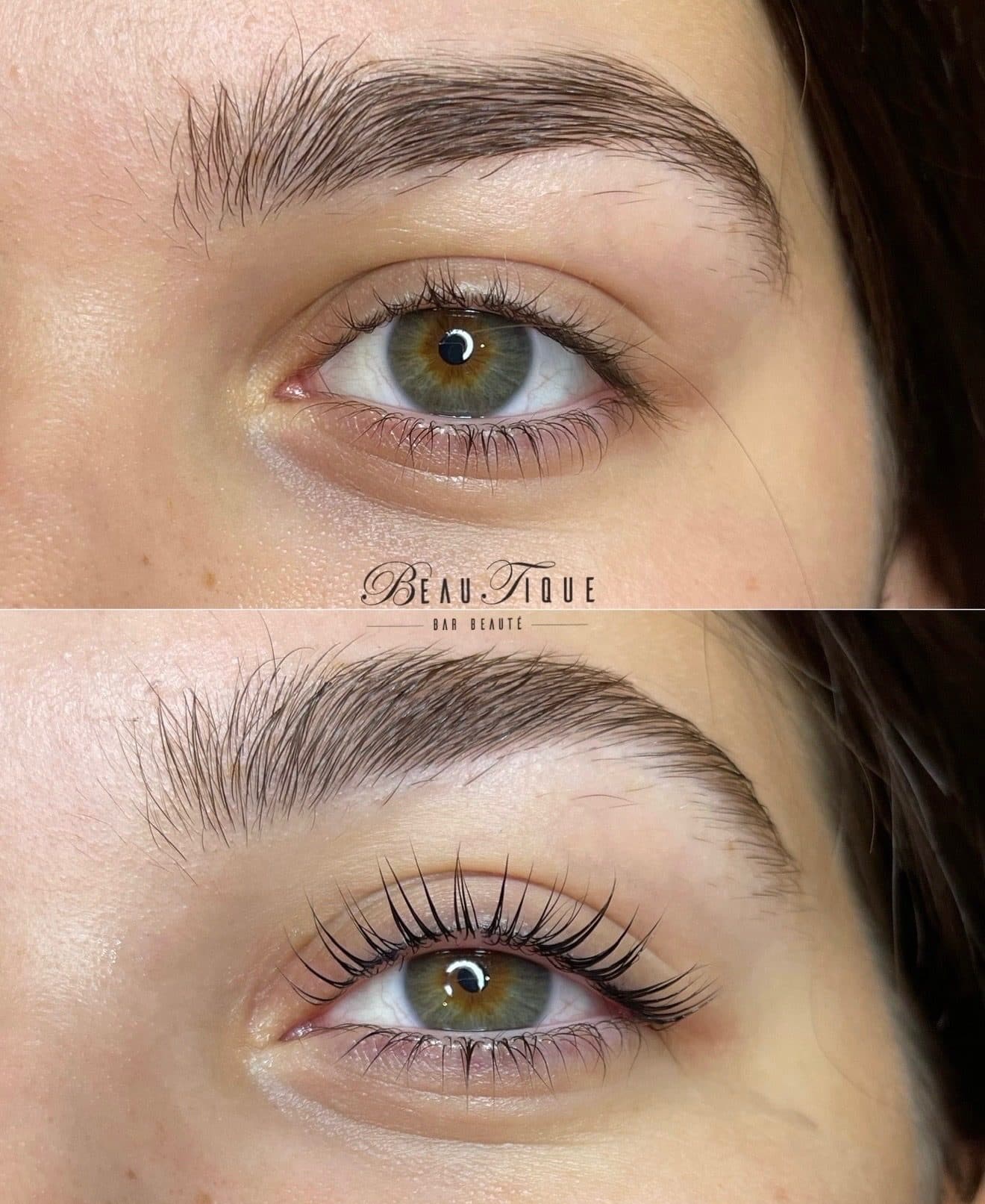 Lash lift sur cils naturels : avant, en haut, des cils droits, et après, en bas, recourbés et teints