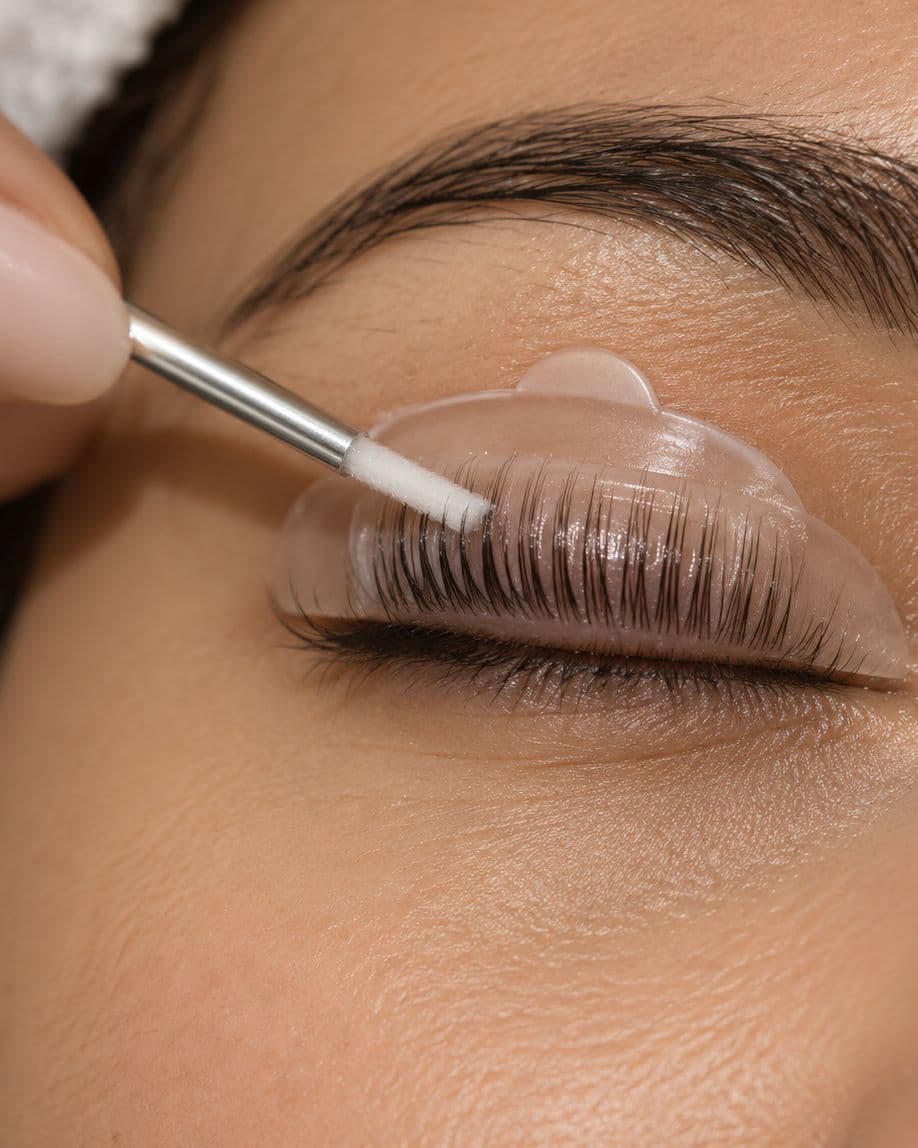 Un lash lift en cours : un œil fermé, les cils posés sur le bouclier