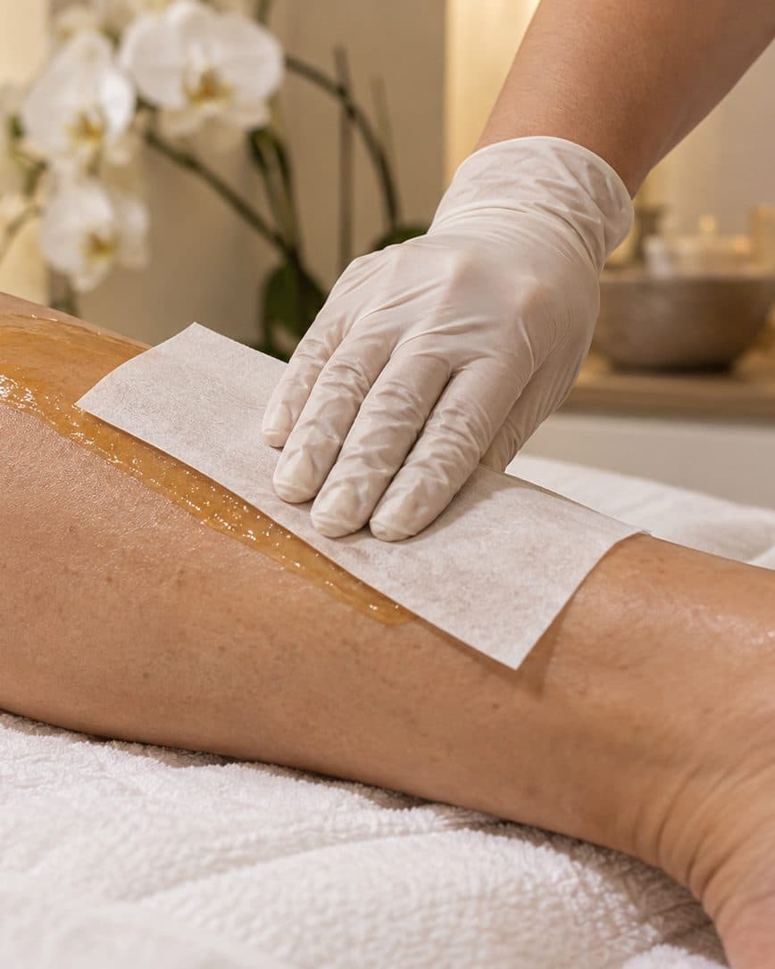 Une main gantée de blanc pose une bande sur la cire, le long d'une jambe allongée sur une serviette