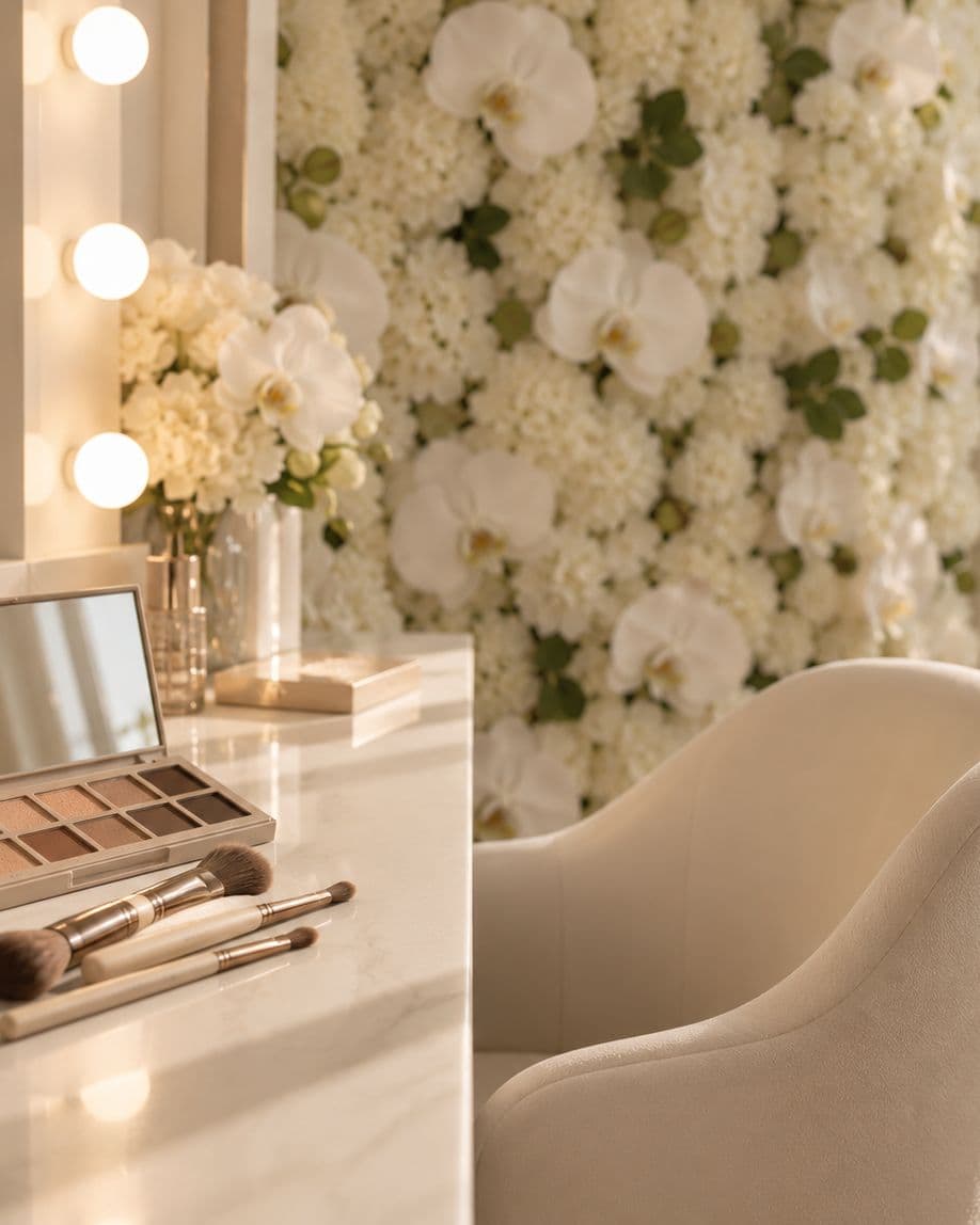 Le poste de maquillage : palette, pinceaux et miroir devant le mur de fleurs