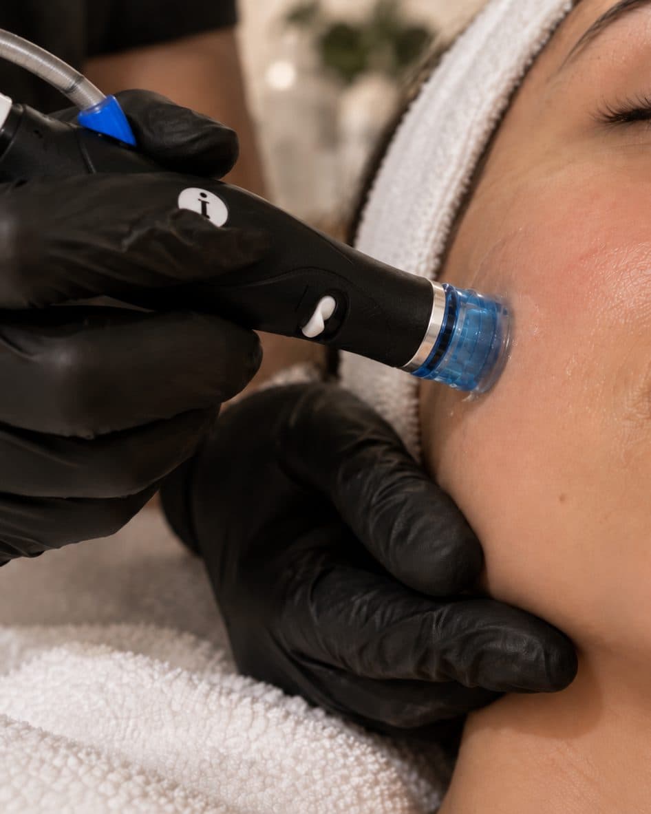 Un Hydrafacial : la pièce à main sur la joue d'une cliente